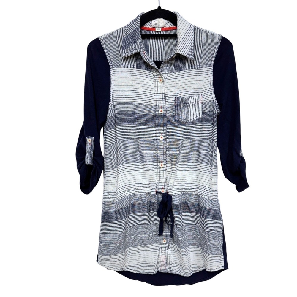 Anthropologie Postmark Tunic Top, Size XS, Blue White Button Up Drawstring Waist